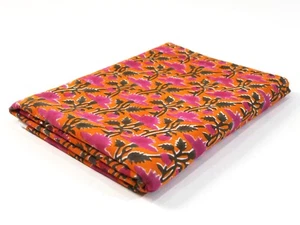 Orange Pink Floral Hand Block Printed Cotton Fabric By Yard Dressmaking Fabric - Picture 1 of 8