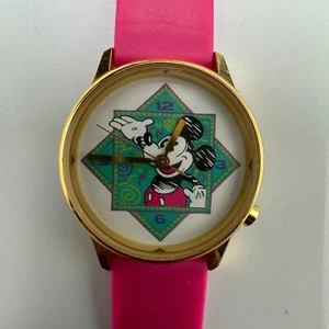Disney Mickey Mouse Watch Women Gold Tone Pink Silicone Band New Battery 8.5" - Picture 1 of 13