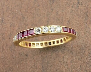18k Yellow Gold Ruby Diamond Alternating Eternity Band Ring - Picture 1 of 10