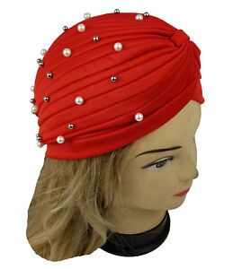 Pearl Beads Stretchy Turban Head Wrap Band Women Chemo Pleated Indian Cap Hat