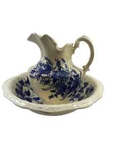 Large Antique Ironstone Pitcher & Wash Basin Cream with Blue Flowers - Picture 1 of 11