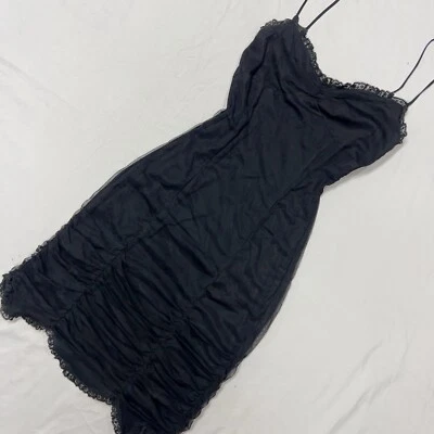 Betsey Johnson Black Label Vintage 90s Ruched Ruffle Mesh Lace Dress Size M Foto 1 de 4