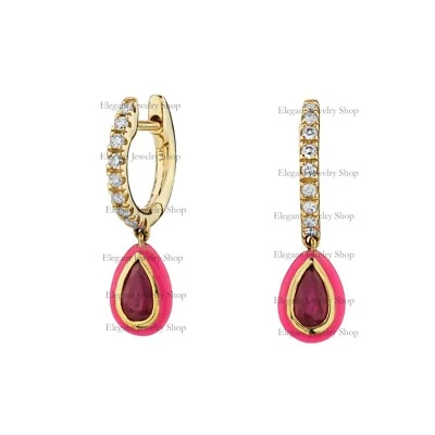 Ruby And Pink Enamel Teardrop Diamond Huggie Earring 14k Yellow Gold Jewelry - Image 1 of 4