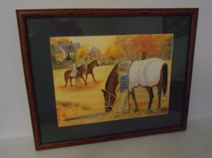 FRAMED 19 1/8" X 15 1/8"  CHILDREN AND HORSES WATERCOLOR PAINTING BY J. MOLDSTAD - Picture 1 of 9