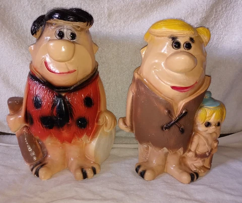 Fred Flintstone & Barney w/Bam Bam 13" Chalkware Banks-Lot of 2-Vintage 1971 Cover