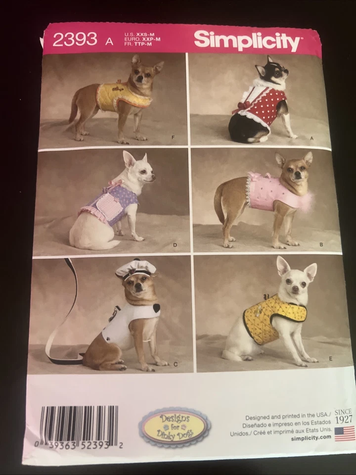 Simplicity 2393 Dog Clothing Harness Sewing Pattern Size 2-8 Pounds CUT - Image 1 of 1