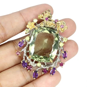 925 Sterling Silver Pendant Antique Green Amethyst 39ct Handmade Gemstone - Picture 1 of 14