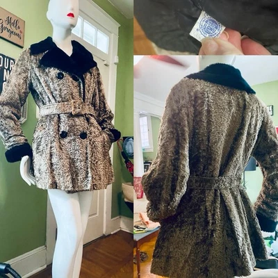 Vintage 60s Belted Faux Fur Mod Coat w Collar & Cuff Short Trench USA Union M - Image 1 of 4