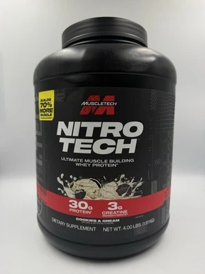 Muscletech, Nitro Tech, 100 % proteína de suero - galletas y crema, 4 libras (bañera abollada) Foto 1 de 3