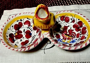 Fima Deruta Italy Double Dish For Salt, Pepper and a charming Bird for Toothpick - Picture 1 of 6