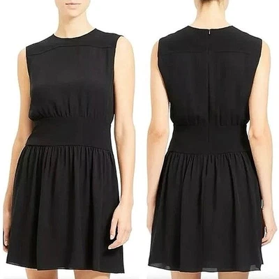 Mini Vestido Theory Negro 100% Seda Cuello Redondo Sin Mangas Fruncido Línea A Talla 2 Foto 1 de 4