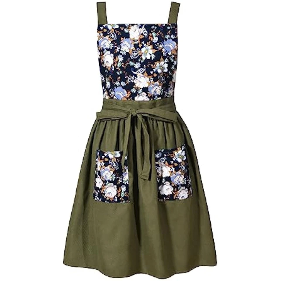 复古女式围裙连衣裙带口袋可爱花卉厨师 A — 第 1/1 张图片