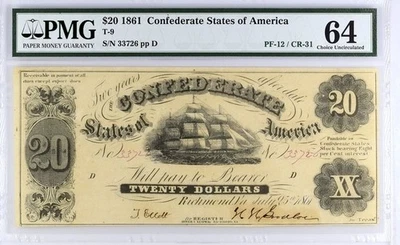 T-9 $20 1861 Confederate Currency CSA Civil War - Graded PMG 64 PF-12 / CR-31 - Image 1 of 2