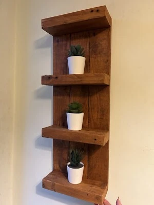 Rustic Wooden Shelves Wood Shelving Display Shelf Wall Mounted 4 Tier hanging  - Image 1 of 4