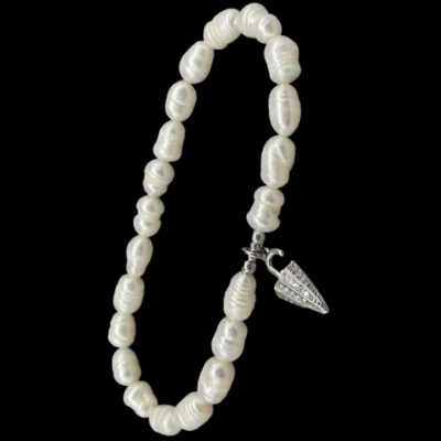 Bracciale perle naturali barocche bianche argento925 donna ombrello portafortuna - Immagine 1 di 4