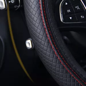 PU Leather Car Steering Wheel Cover for Good Grip Car Accessories 15" Black-Red - Picture 1 of 12