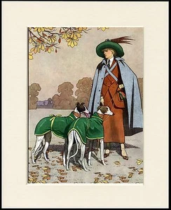 GREYHOUND STYLISH LADY AND DOGS LOVELY DOG PRINT MOUNTED READY TO FRAME - Picture 1 of 1