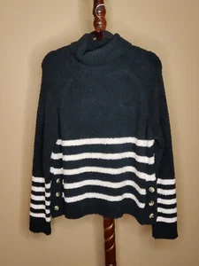 ALYA Damen L Wasserfallausschnitt Pullover schwarz-weiß Streifen Langarm Knopf Akzente - Bild 1 von 7