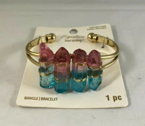 SIGNATUR PERLENLANDUNG KLAR & BLAU & ROSA KRISTALL ARMBAND : NEU: GOLDFARBEN - Bild 1 von 3