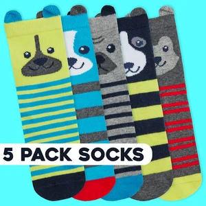 5 PAIRS Boys Crew Socks Cotton Rich Bear Face Stripe Socks 6-8.5 9-12 12.5-3.5 - Picture 1 of 5