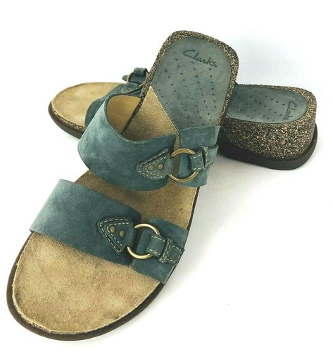 Sandali in pelle scamosciata blu Clarks 7 M slides 2 cinturini zeppa bassa slip on