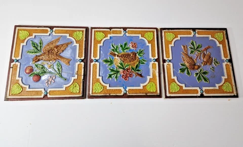 Minton Hollins Co Majolica Bird Tile Set 3 Damages See Pics Victorian Art Tile Cover