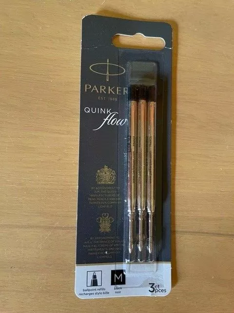 NEW GENUINE Parker Quink Flow Ball Point Pen Refill Black Ink MEDIUM 3 PK FRANCE - Image 1 of 1