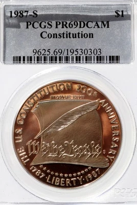 USA Constitution 1987-S Commemorative Silver Dollar PCGS PF69UCAM - Image 1 of 2