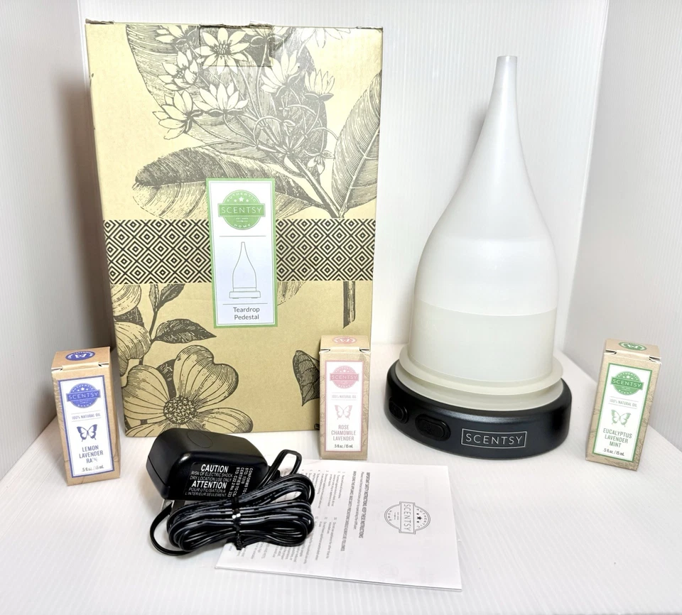 New IN Box Scentsy White Teardrop Diffuser Pedestal in Black Base - With 3 Oils - Image 1 of 4