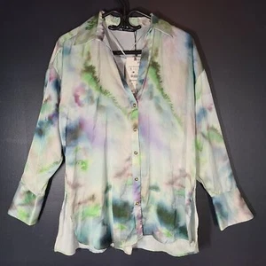 Zara Women's Tie Dye Print Oversized Buttoned Blouse Long Sleeve Blue Sz S - Picture 1 of 5