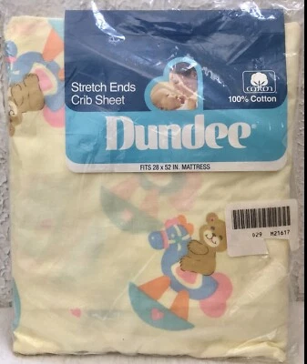 Vintage Teddy Bear Crib Sheet Stretch Ends 28 X 52 Rocking Horse Yellow Dundee - Image 1 of 4