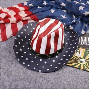 American Flag Cowboy Hat, Bright Red, White, Blue Western USA, Star Brim, Stripe - Picture 1 of 5