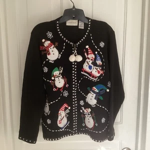 Vintage Women’s Christmas Sweater Lemon Grass Ugly Size S Snowman Black Cardigan - Picture 1 of 6