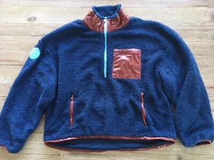 Fabletics Larissa Fleece Pullover 1/2 Zip Logo Patch Blue Brown XL - Picture 1 of 5