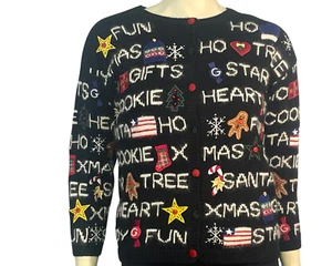 Vtg 90s Marisa Christina Sz S-M Knit Cardigan Christmas Words Black Ugly Sweater - Picture 1 of 13