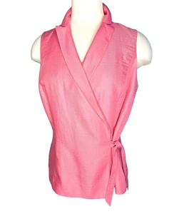 Ann Taylor Loft Sleeveless Pink Linen Wrap Top Sz 12P Petite V Neck Vest Lined - Picture 1 of 10