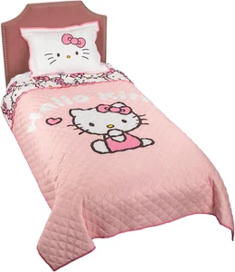 Twin Size Quilt & Sham Set Super Soft Lightweight Hello Kitty Pink Stripes & Hea - Picture 1 of 12