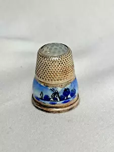 LIGHT BLUE ENAMEL STERLING SILVER THIMBLE W/WHITE CROWN GERMAN SIZE 4 - Picture 1 of 8
