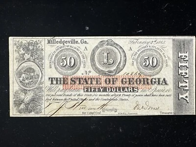 1863 $50 The State of GEORGIA Note CIVIL WAR Currency #NT0013 - Image 1 of 4