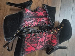 Funtasma Lace-Up Gothic Red & Black Velvet Heels Size 7 - Picture 1 of 7