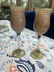 2 - Signed AARON SLATER Studio Art Glass Wine Goblets w/pulled feather design - Picture 1 of 12