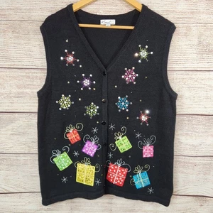 Kim Rogers Large Black Christmas Vest Gift Packages Sequins Festive - Picture 1 of 7