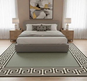 New Hand Tufted  Border Area Rug  Green and Charcoal Wool Blend Design - Picture 1 of 4