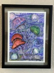 Original Aquarell, Gemälde, Schweberahmen Qualle Ozean Motiv, signiert - Bild 1 von 7