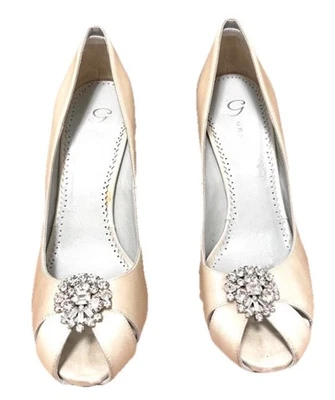 Grazia Dyeable Ivory Silk “Valentine" Open Toe Shoe Rhinestone. Heel: 4.75in - Image 1 of 4