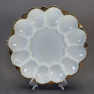 Anchor Hocking Deviled Egg Plate Tray 10" Milk Glass White Gold Trim Fire King - Picture 1 of 10