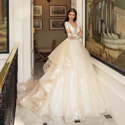 Luxury Ball Gown Wedding Dresses V-neck Fairy Beading Flowers Lace Bridal Gowns - Image 1 of 4