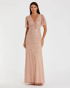 Mac Duggal 12 Pink Embellish Flutter Sleeve Gown Nude 35109 Semi Sheer NWT $698 - Picture 1 of 21
