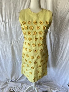 Vintage 1960’s Yellow Beaded Floral Shift Dress Hand Made Embellished - Picture 1 of 6