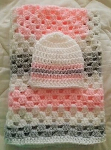 Crochet Baby Blanket Set, Baby Hat, Baby Pink, Gray and White, Lap Blanket, Girl - Picture 1 of 3